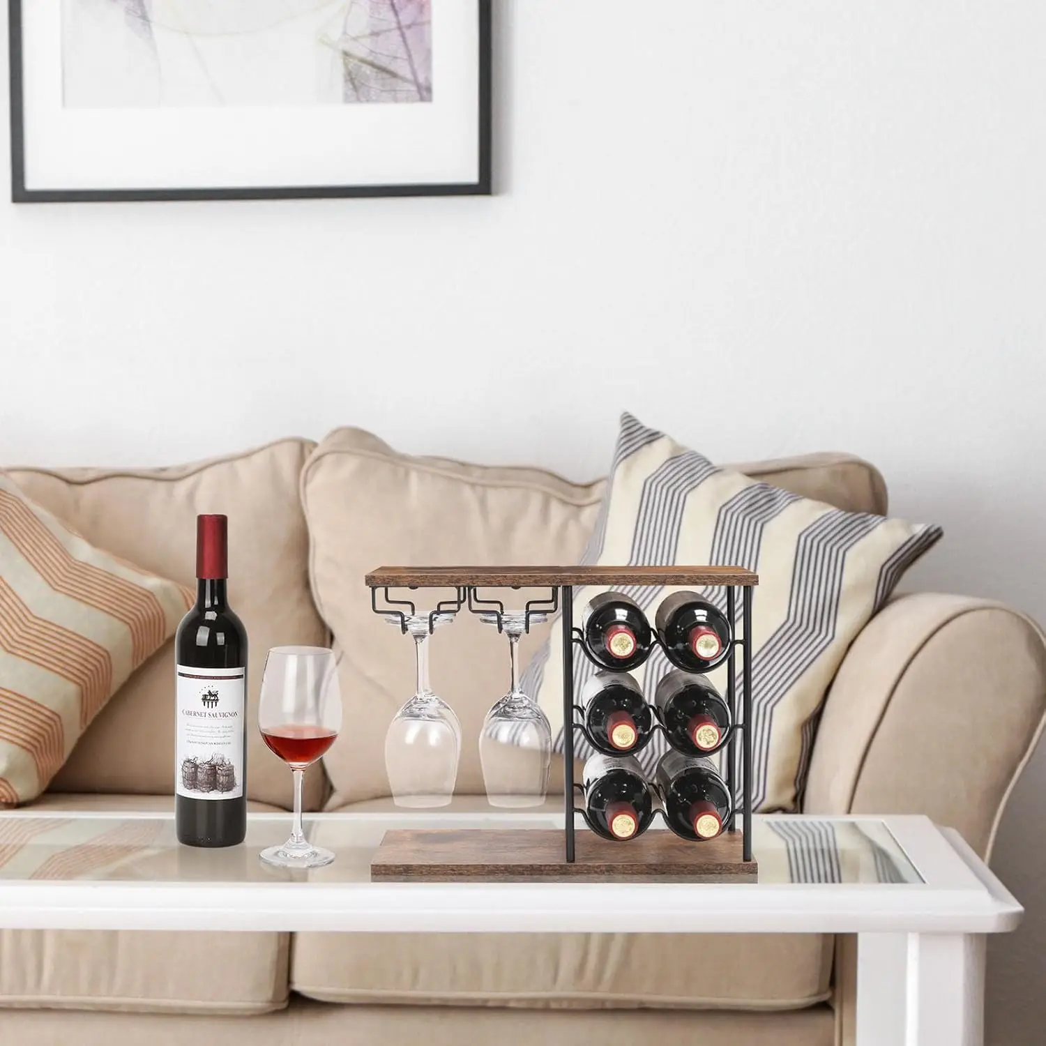 Wine Rack Countertop Wine Holder Stand for 6 Wine Bottles and 4 Glasses