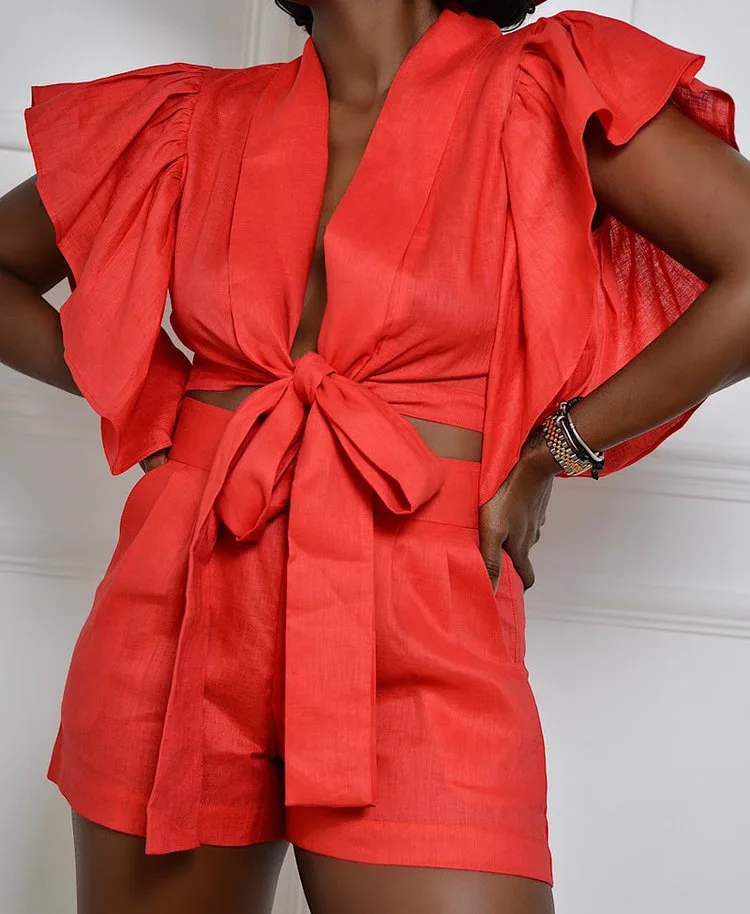 Fashion Cute Summer XS Women Clothing Sets Plus Size V Neck Lace Up Sexy Two Piece Linen Set For Women