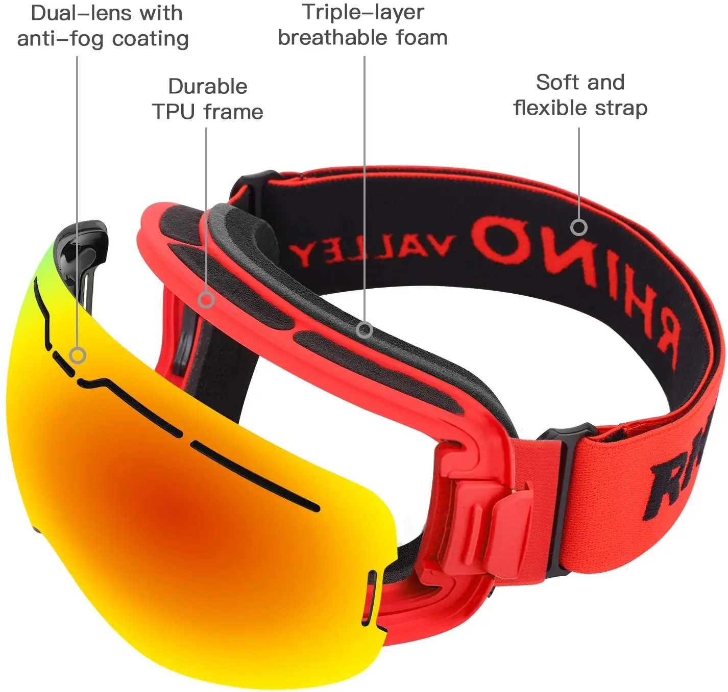 Rhino Valley Ski Goggles, OTG Snowboard Goggles Frameless Anti-Fog Protection Snow Goggles,Dual Lens Snow Eyewear Compatible
