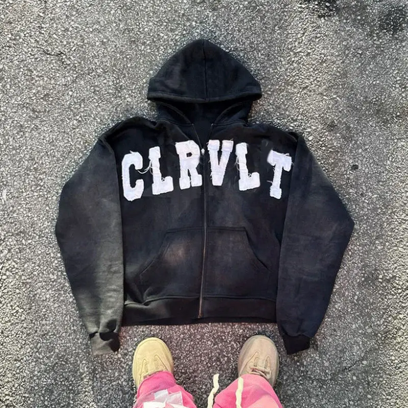 Custom Applique Embroidered Stitching Distressed Unisex Hoodies Heavyweight Oversized Sun Faded Zip Up Acid Wash Hoodie Jackets
