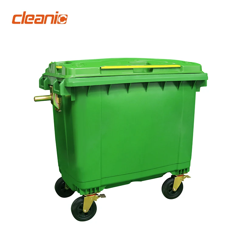 Custom logo 660 liter large capacity green color heavy duty solid plastic industrial trolley garbage bin with wheels