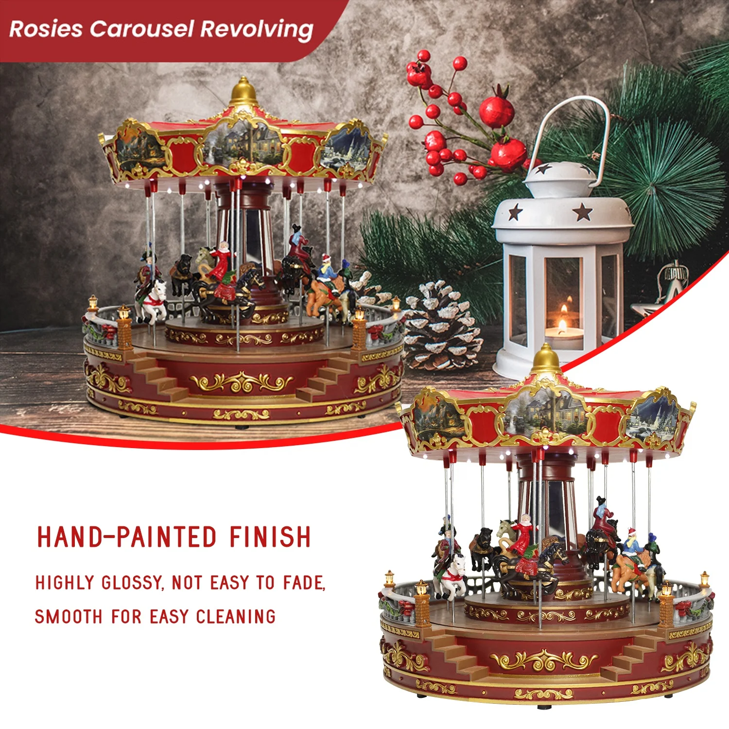 Best Selling Custom Christmas Decoration 14in noel Led lighted Rosies Carousel Revolving  with Music box