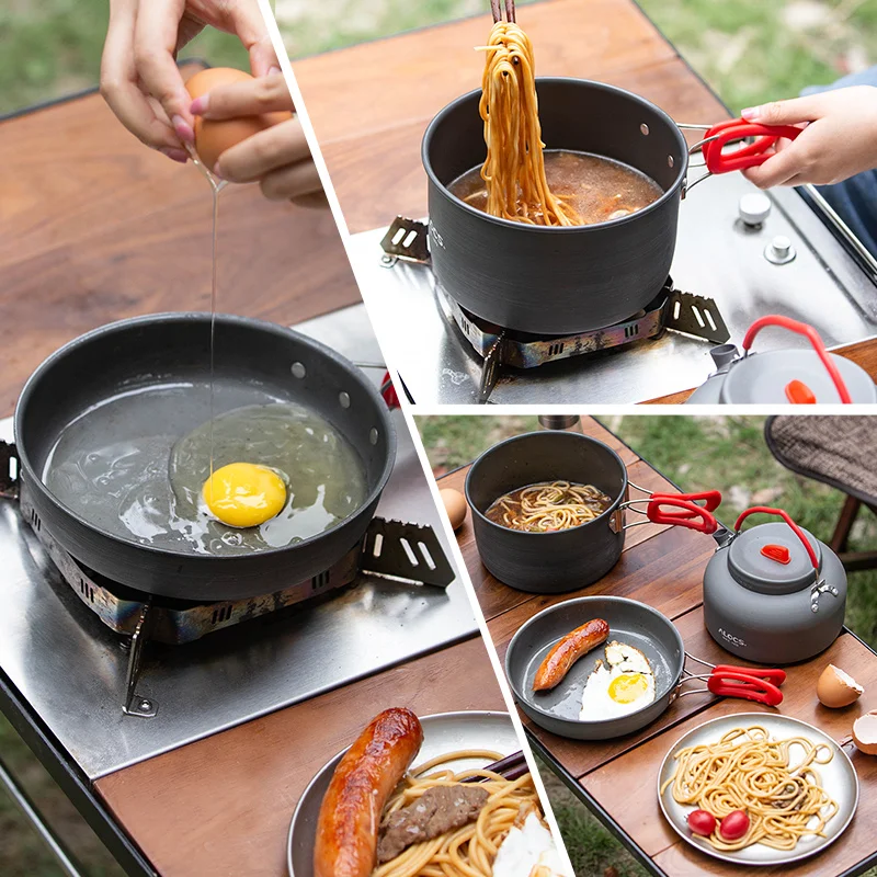 Kingpool Portable Outdoor Camping Non Stick Picnic Folding Travel Hiking Cookware Mess Kit Aluminum BBQ Cook Pot and Pans Set