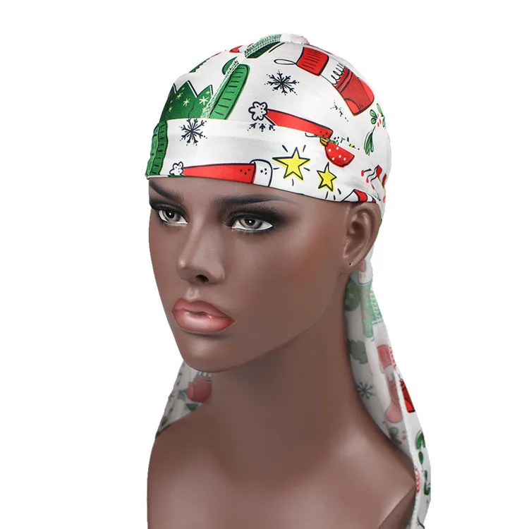 High Quality Custom Printing Durags External Stitch Unisex Silky Soft Christmas Printed Durag Waves Extra Long Straps Doo Rag