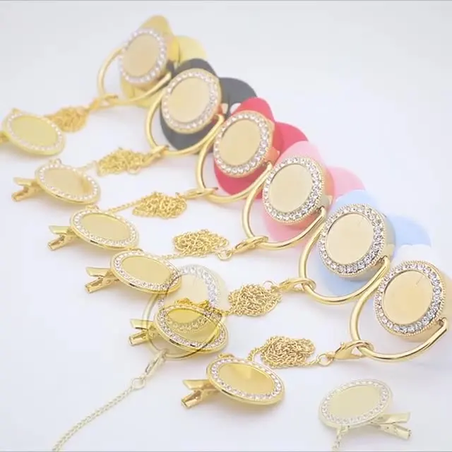 Custom unique personalized silicone luxury bling gold baby food feeding dummy nipple teething soother pacifier chain clip