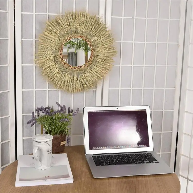 
Hanging Wall Mirror Boho Wall Mirror With Fringe Retro Decorative Wheat Ear Mirror for Bedroom Living Room Enterway Bohemian 
