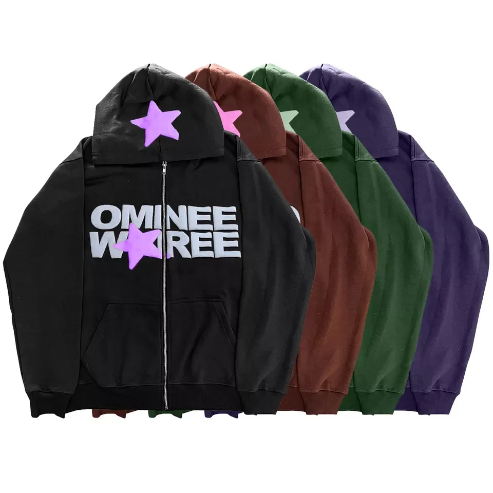 Custom Zip up Hoodie Oversize 100% Cotton Heavyweight 300 500 600 GSM Men 3D Puff Printing Hoodies