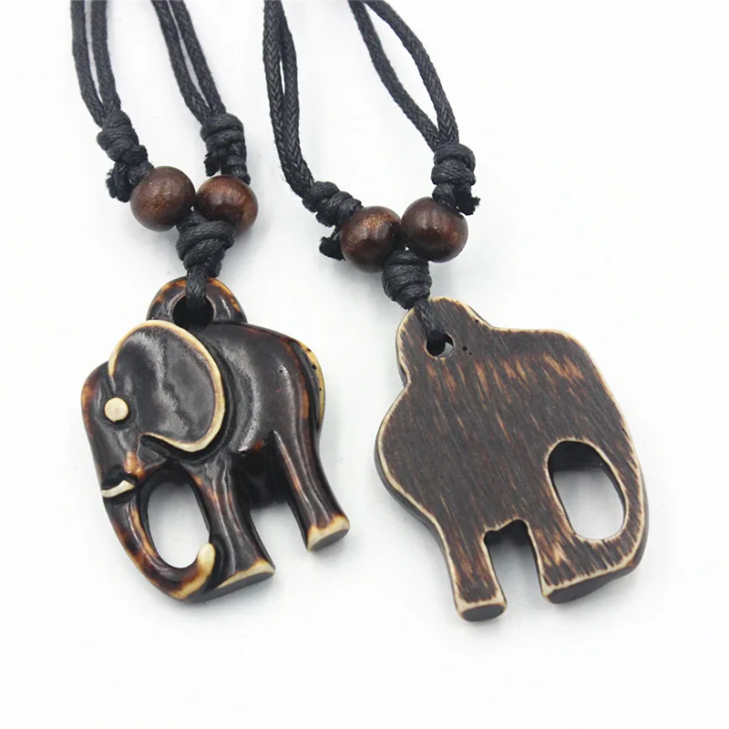 Bohemian Ethnic Style Black Rope Wooden Beads Necklace Retro African Tribal Hand Polished Brown Resin Elephant Pendant Necklace