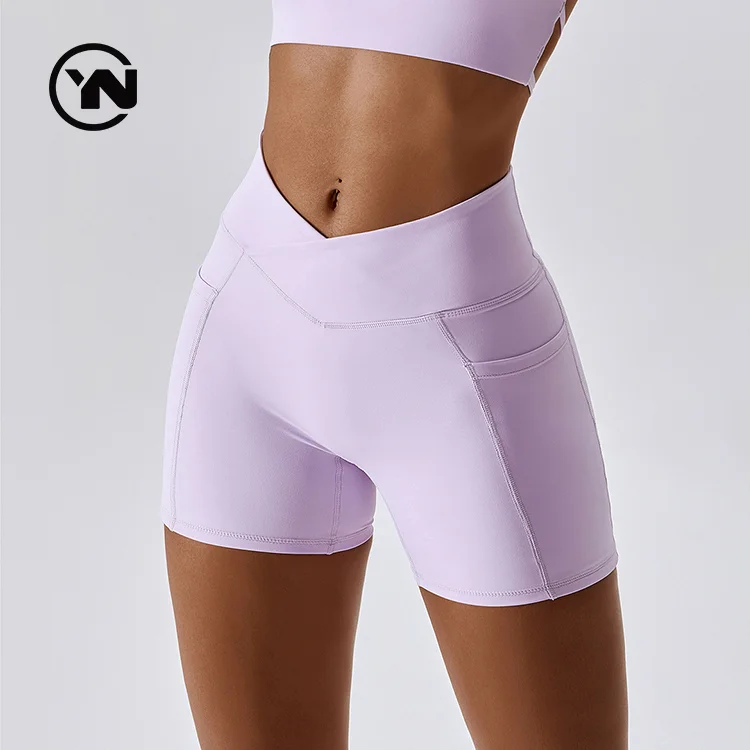 Wholesale Cross Trousers Hip Lift Shorts Gym Workout Fitness Leggings High Waist Yoga Shorts With Pocket