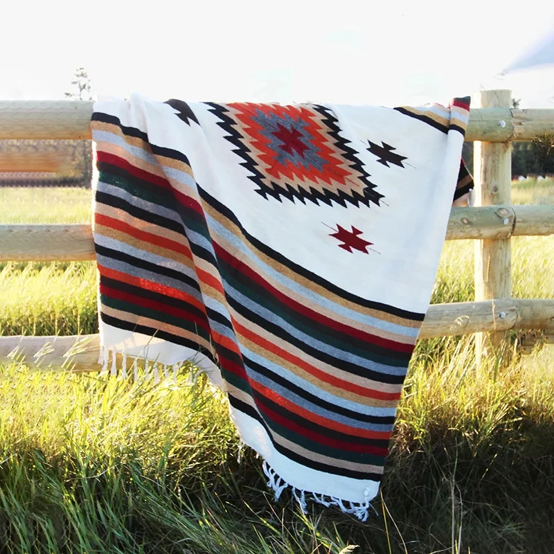 Monad Hot Outdoor Custom Mazatlan Hand-Woven Hooded Blanket Tapestry with Intricate Mexican Saltillo Diamond for Sofa Beach Bed