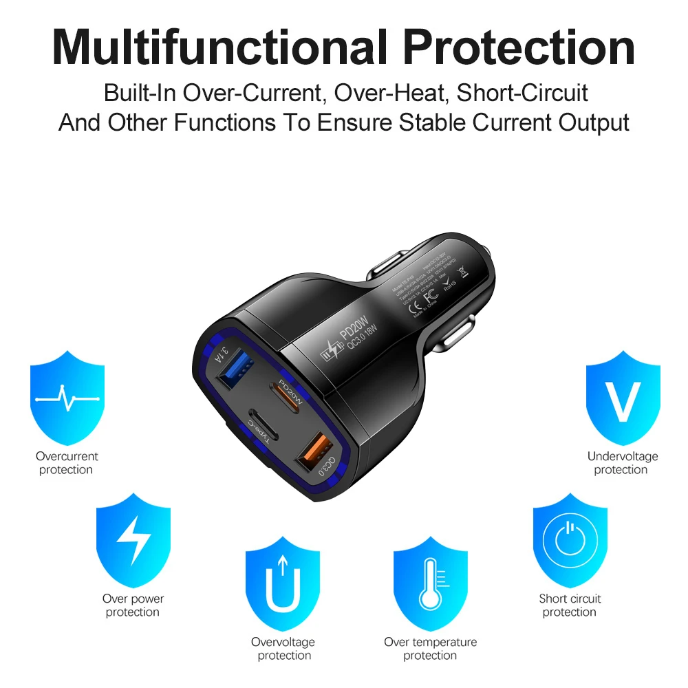 Сертифицированный CE FCC Rohs PD20W USB A Type C портативный 5 портов 4 в 1 быстрая зарядка Usb Автомобильное зарядное устройство
