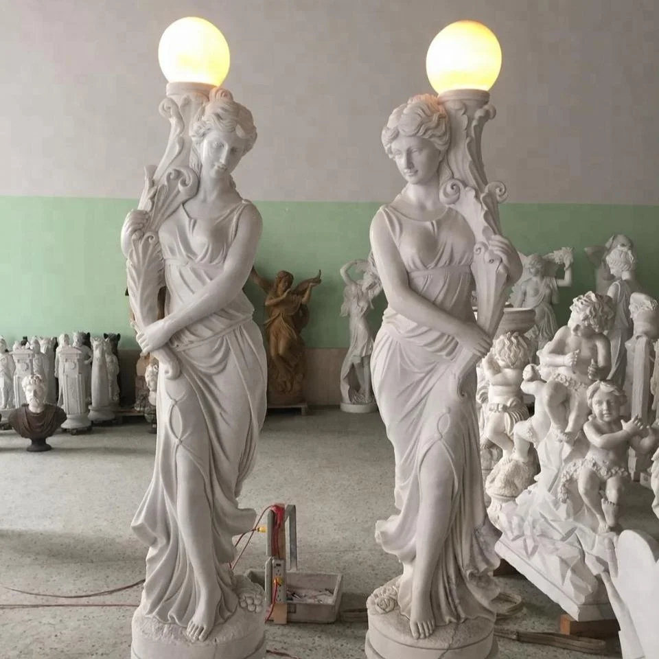 lifesize marble women lady light sculptures statue with lamp light on the head