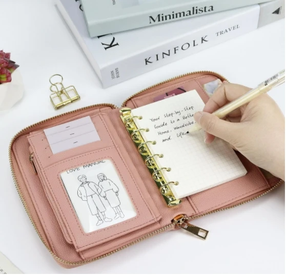 A7 Leather Budget Binder Cash Envelopes PU Leather cover 6 Rings Refillable Money Wallet Organizer for Cash Budgeting and Saving