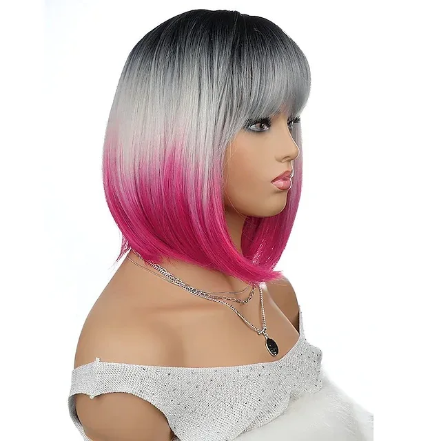 Wholesale Wigs Women Bangs BOB Black Gray Purple Colors Gradient Synthetic  High Temperature Wire Wig Headgear Wigs
