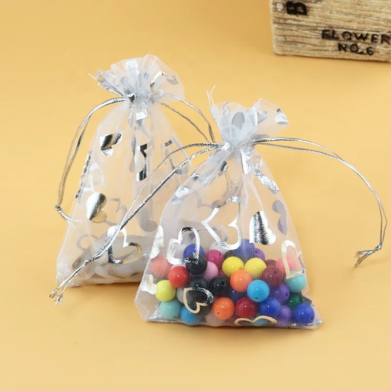 Wholesale 100pcs/lot White Organza Bag 7x9cm Silver Heart Print Wedding Jewelry Organizer Packaging Bags Pouches Nice Gift Bags