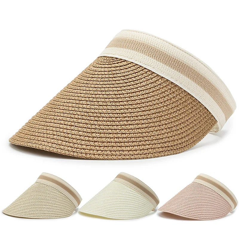 Sunproof Fashion Summer Solid Adult Women Wide Brim Soft Panama Beach Cap Girls Daisy Straw Empty Sun Visor empty top straw hat