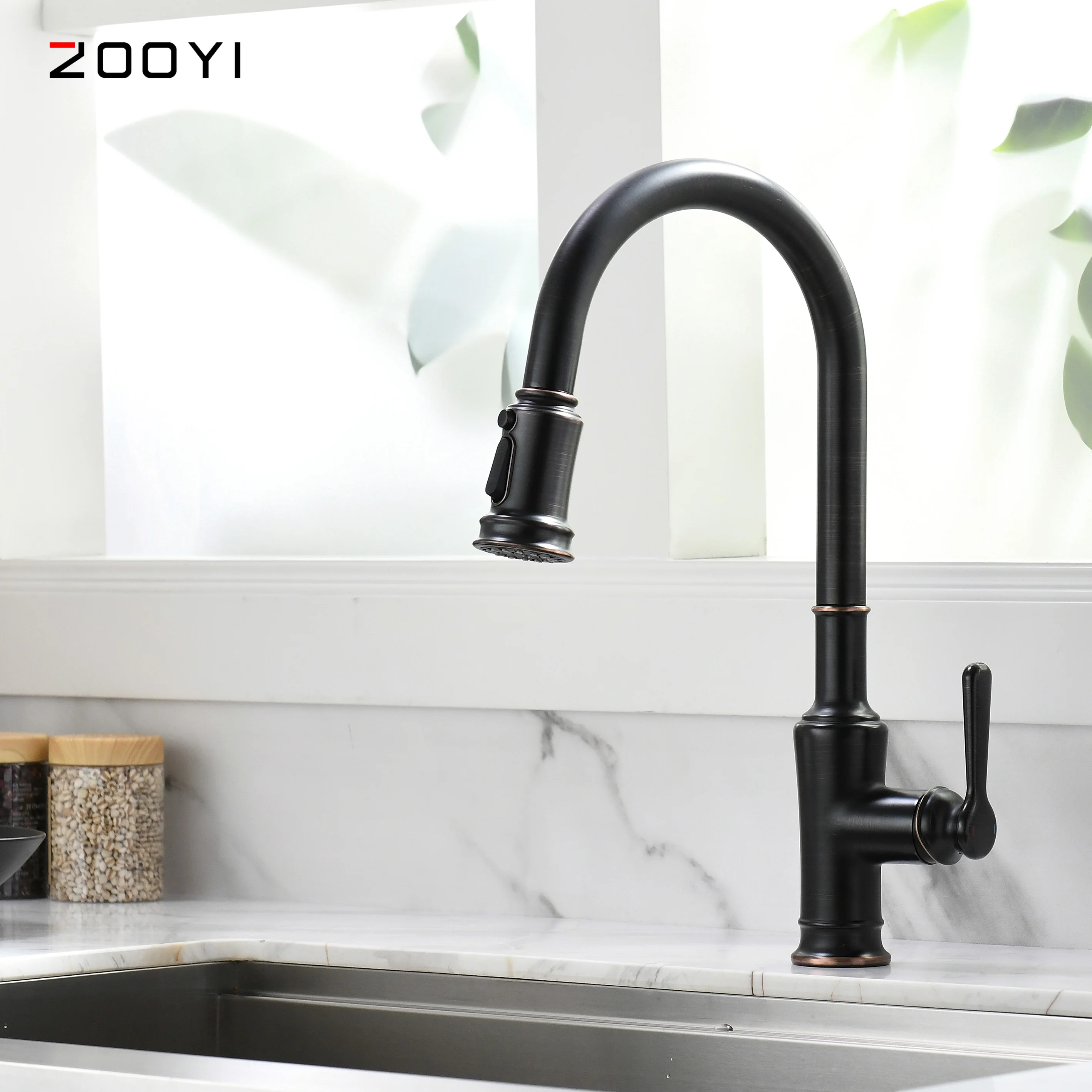 Commercial hot and cold water kitchen faucet mixer taps with pull down sprayer