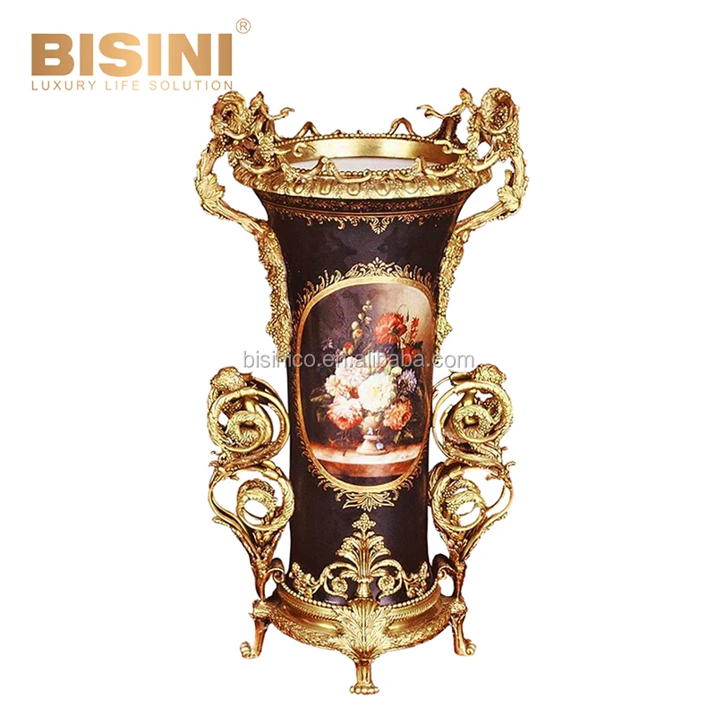 68 Inches High Classic Vintage Gilt Brass Three Cherub Mounted Rococo Painted Ornated Porcelain Vase