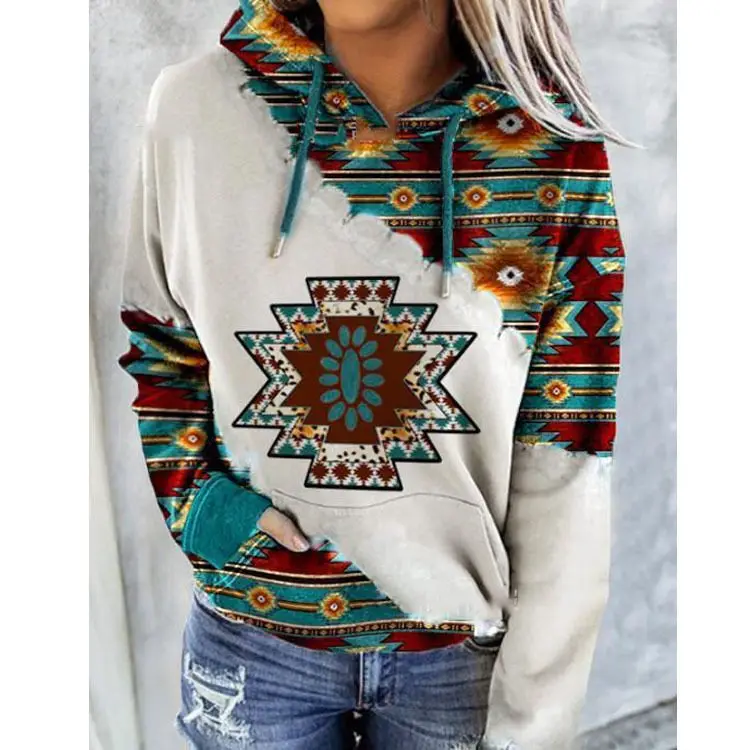 HR111 women pull over pocket pullover sweatshirt tops ethnic clothing native tribal aztec print