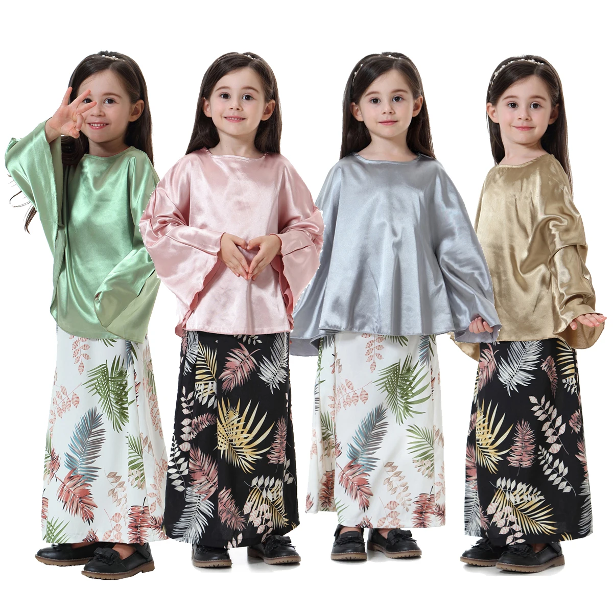 1set muslim girl clothing children print skirt and solid top girl dubai Saudi Arabia girl satin clothing
