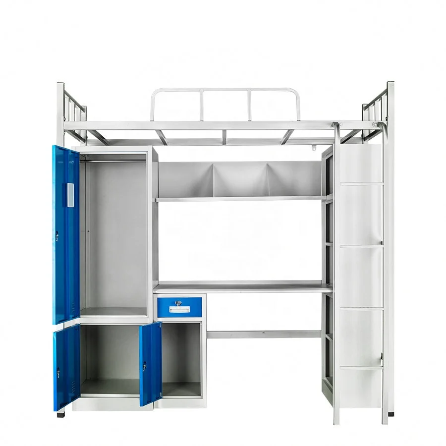China OEM School Furniture Adult Usage School Dormitory Bunk Steel Bed With Table Cabinet And Wardrobe