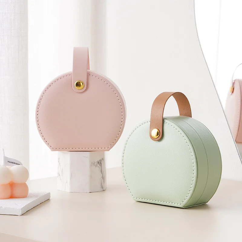 Luxury Low MOQ Portable Mini Size Pu leather Pink jewelry carrying jewelry case storage box with handle for women