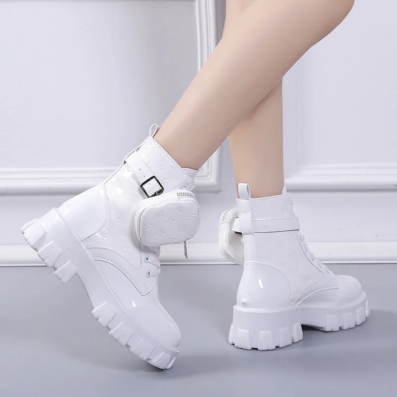 Ladies Buckle Strap Black Chunky Sole Printed Round Toe Thick Sole Lace up British Style Fashion Wallet Boots