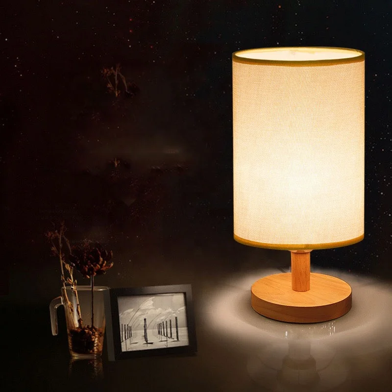 rectangular round linen fabric shade home wooden table lamp hotel beside lamp E27