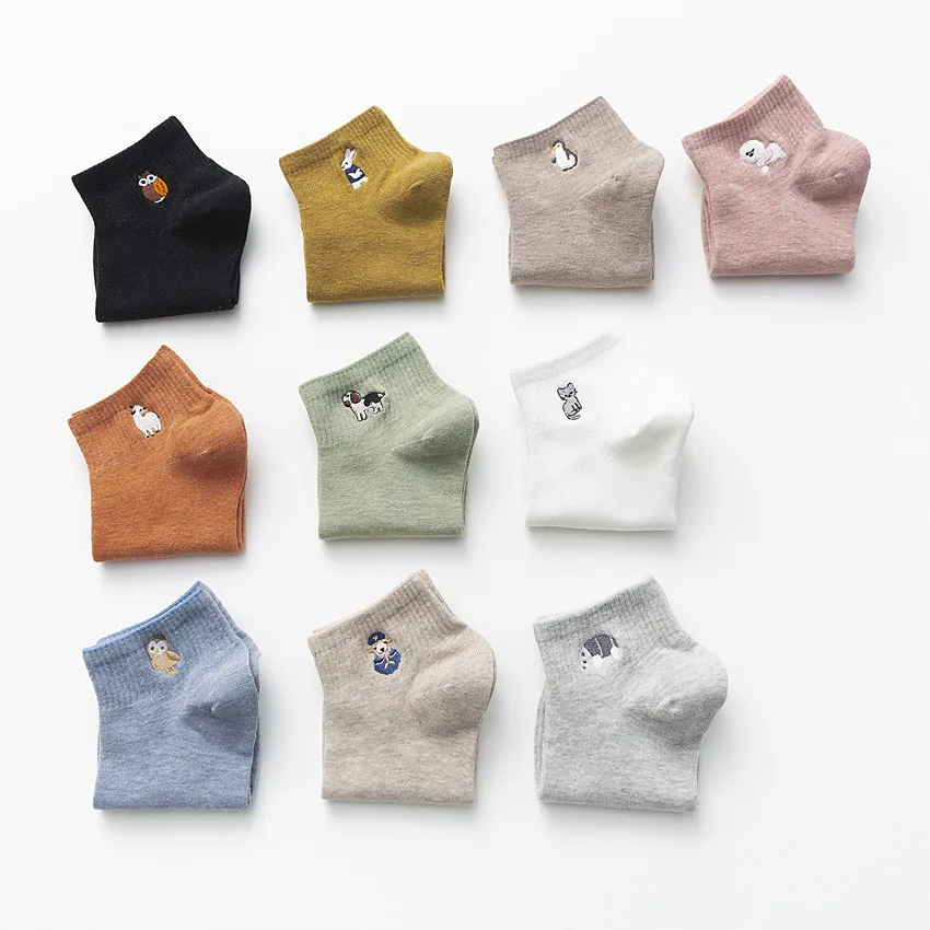 Ins Style 10 Animals Embroidery Ankle Socks Women Cute Cartoon Cotton Fashion Sox Japanese Animal Cute Students Boat Socks