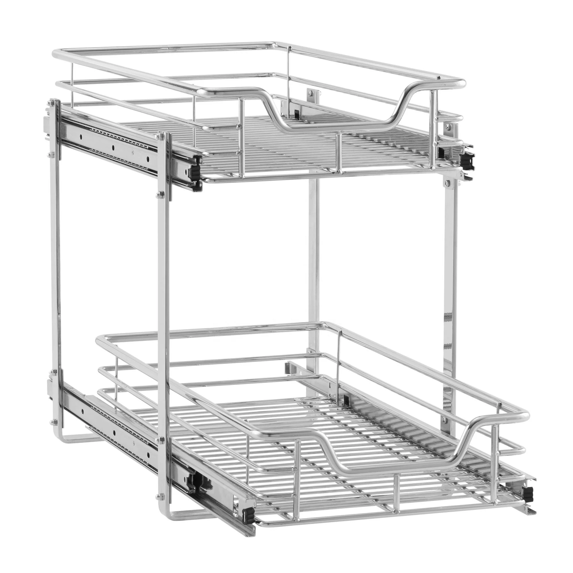 Kitchen cabinet 2-tier two 2 tiers utensil dish tray pots and pans drying rack pull out sliding chrome wire organizer basket