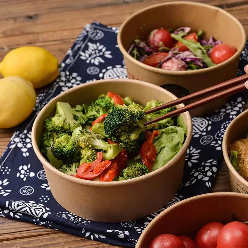 Eco friendly round takeaway sushi disposable salad kraft paper bowl with lid