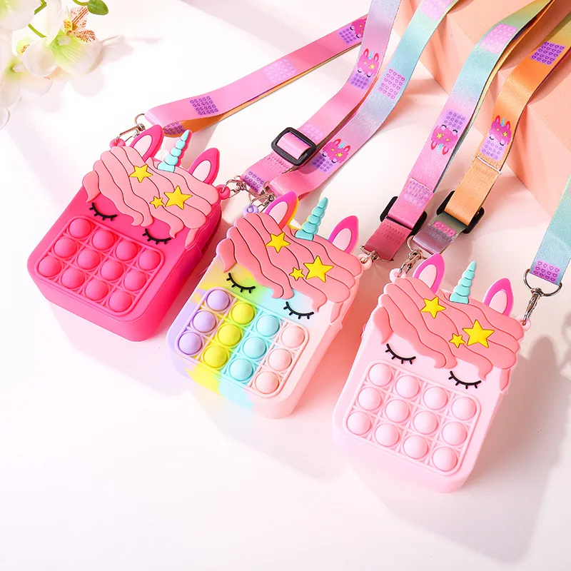 Kids Soft Silicone Bubble Poppet Crossbody Hand Money Bag Fidget Toy Push Kid Unicorn Pop It Coin Purse For Girls