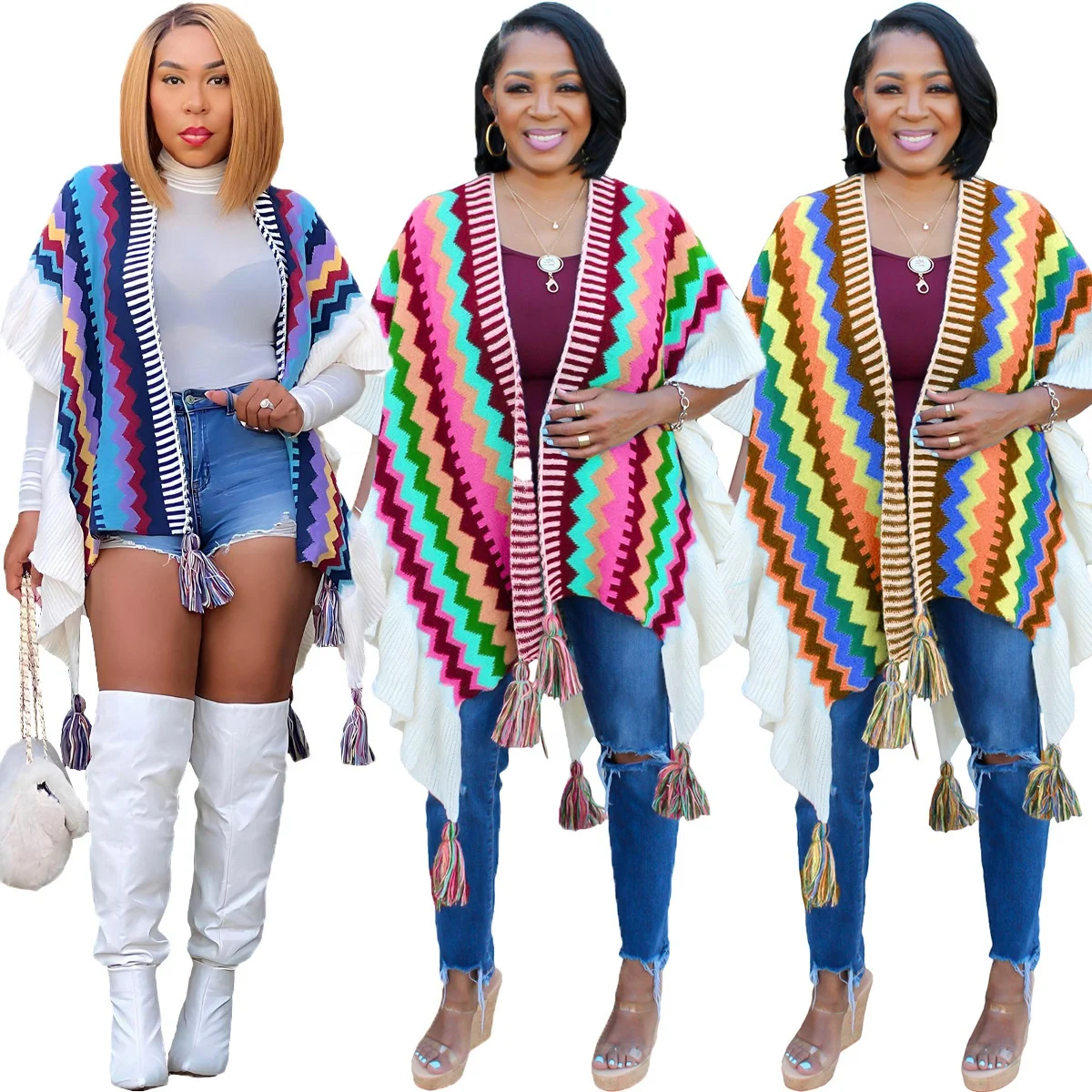 CM8698 Latest Knitted Shawl Wrap Poncho Plaid Batwing Sleeve Hooded Cardigan Christmas Fringed Hem Warm Cape Sweater Cloak