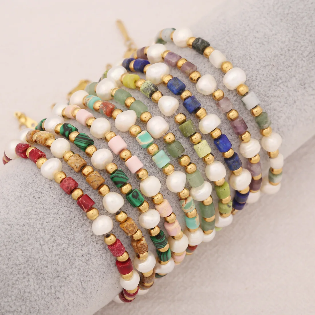 Summer Beach Style Colorful Stone Beaded Bracelet Bohemian Metal Flexible Stainless Steel Rainbow Natural Stone Bracelet