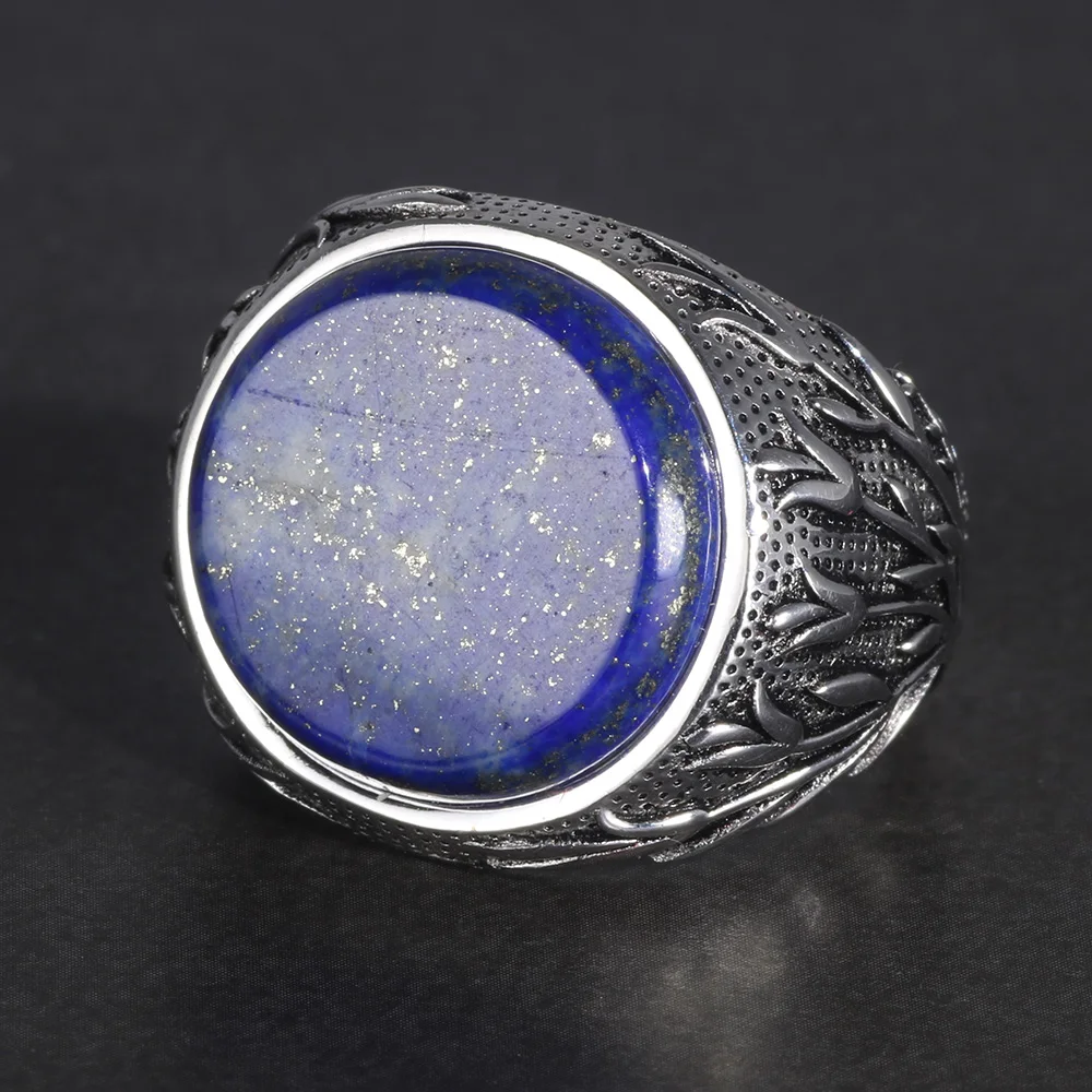 Genuine Solid 925 Sterling Silver Turkish Men Rings Natural Lapis Lazuli Tree Branches Engraved Turkish Finger Rings Man Ring