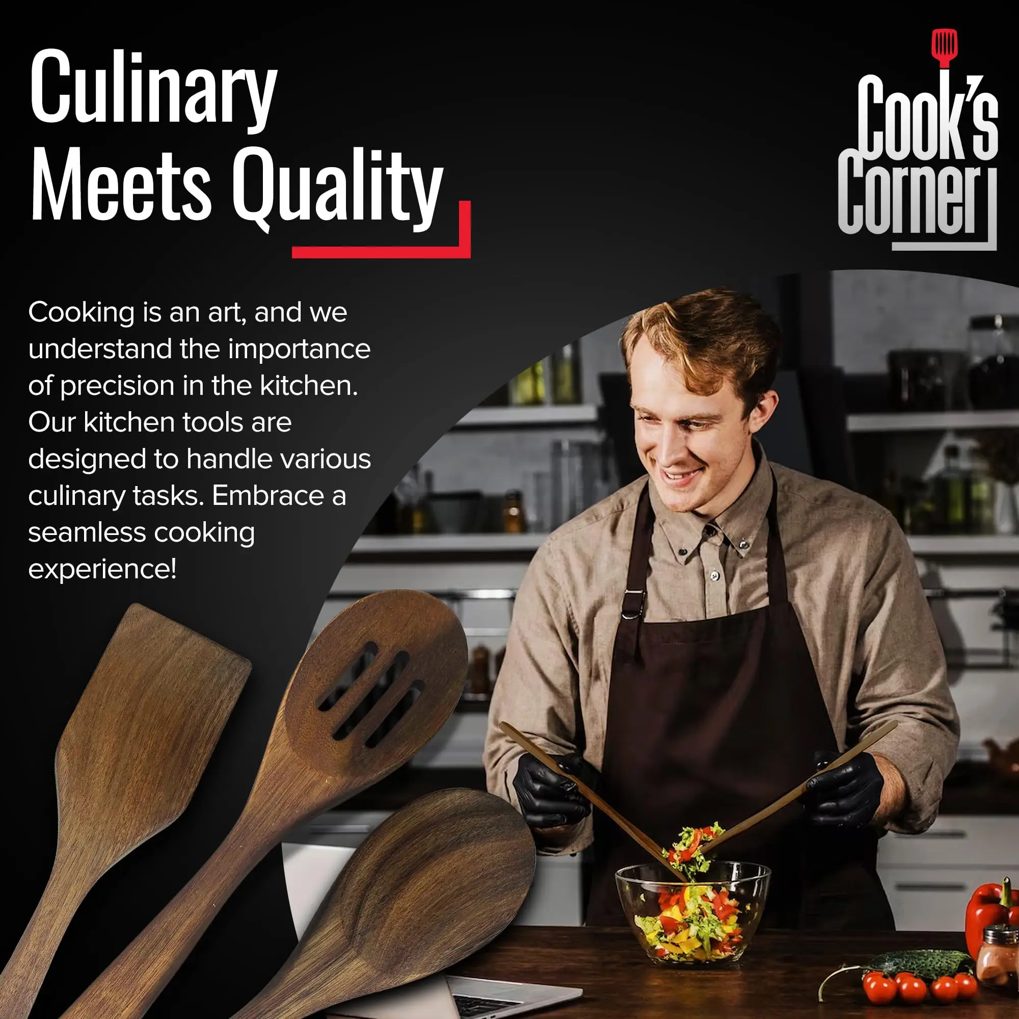 Wood 3 Pc Slotted Spoon Solid Spoon and Spatula in Sustainable Acacia Safe Non-stick Kitchen Utensils Set