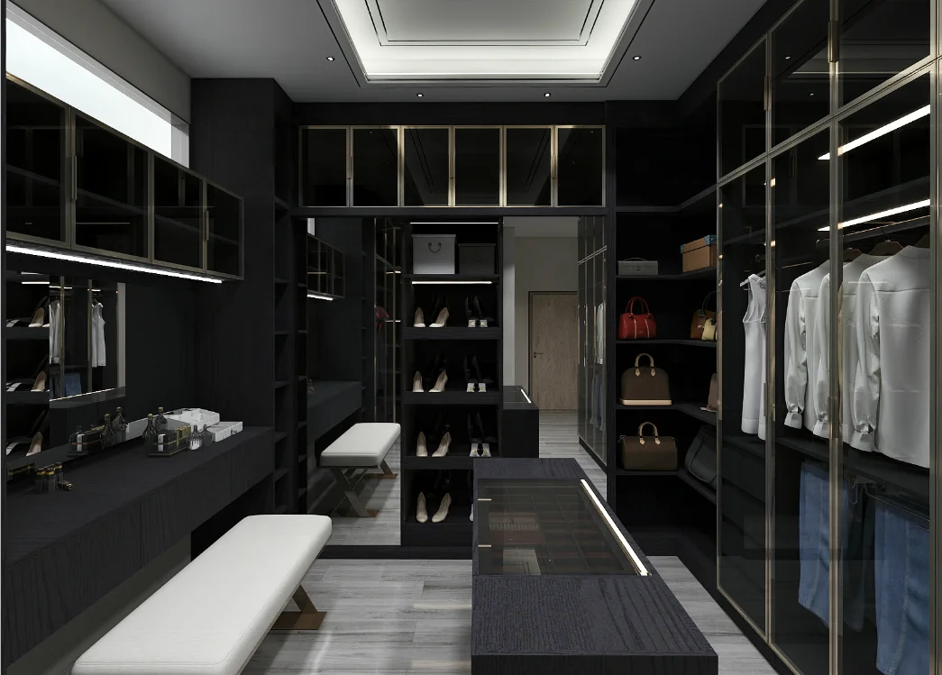 Customized Modern Tempered Glass Sliding Door Bedroom Closet Wardrobes with LED Lights