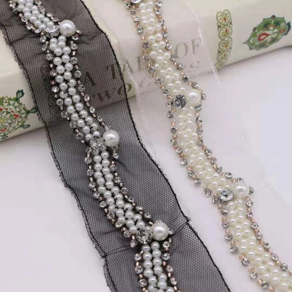 Stock wholesale fancy stone and bead lace  delicate handmade pearl beaded lace  decorative rhinestone lace for dress