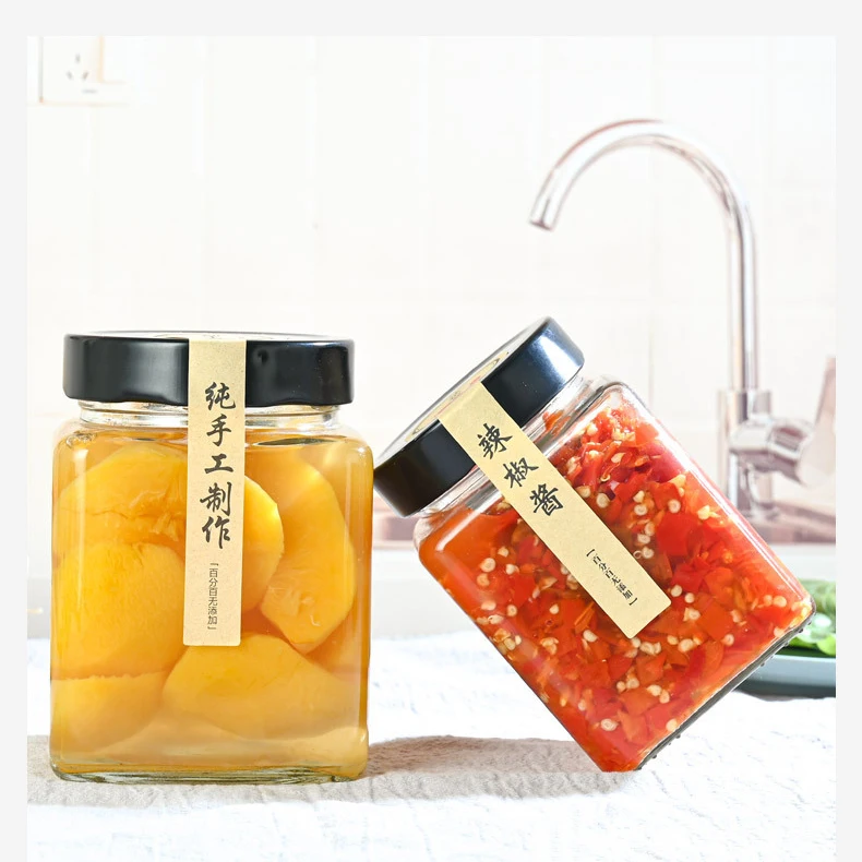 Square Honey Storage Bottles 200ml 280ml 380ml Jam Food Glass Jars For Sauce Honey Glass Jars With Deep Metal Lid
