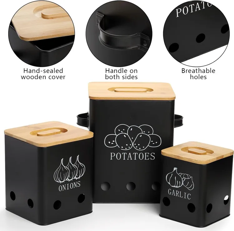 Kitchen Pantry Organizer Black Metal Vegetable Fresh Keeper Caddy Potato Onion Storage Box Food Container Sets With Bamboo Lids