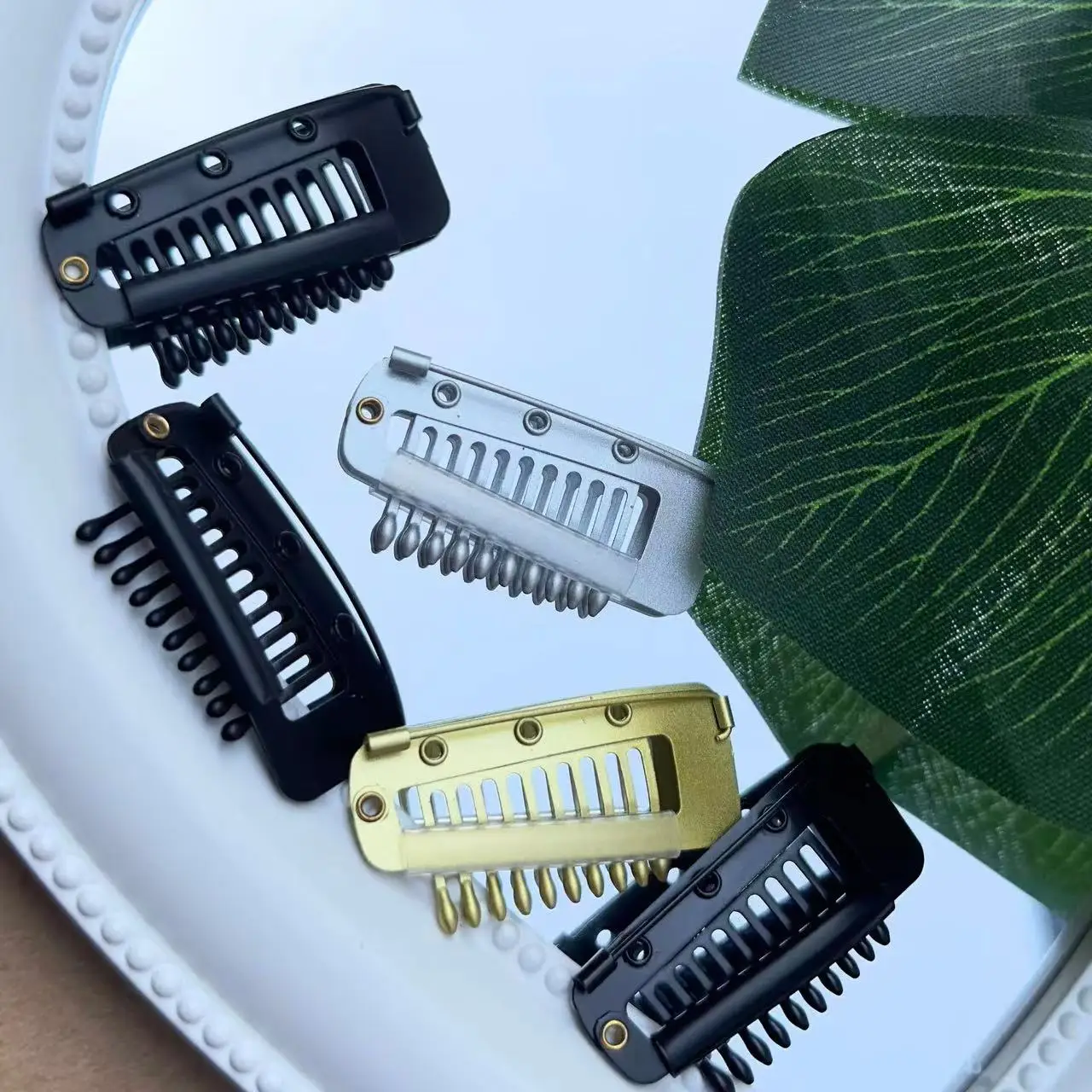 Mylulu Black Brown Gold Color 3.6cm 10 teeth Scarf Wig Hair Extensions Stainless Steel Snap Chunni Grip Clips with safety Pin