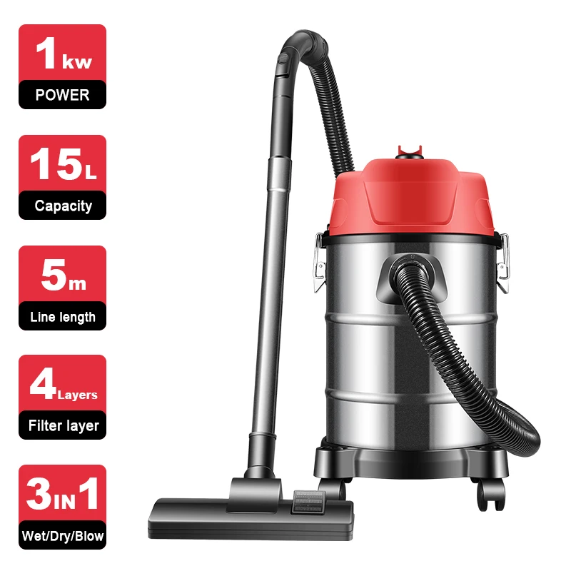 Metal Tube 15L Stainless Steel Tank 1000W 15KPa Deep Cleaning for Unexpected Messes Wet Dry Blow 3 in 1 Vacuum Cleaner