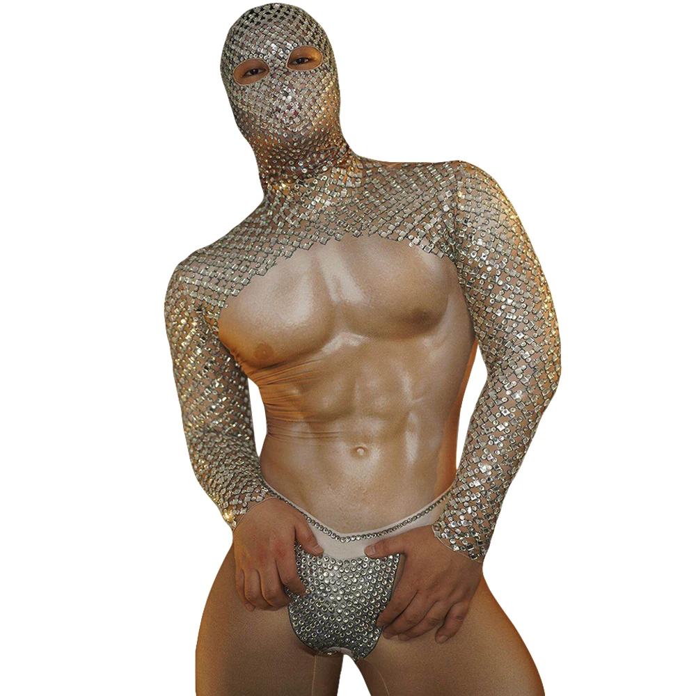 Sexy Muscle Man Jumpsuit Rave Party Show DS Costumes Rhinestone Stretch Skinny Jumpsuit DJ Pole Dancing Bar Nightclub Stage Wear