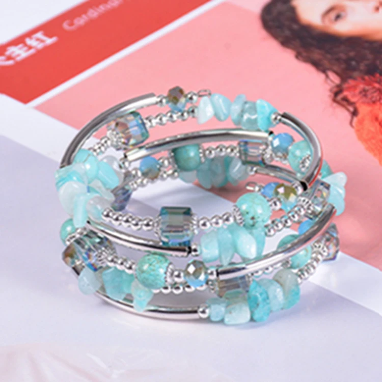HP-01 Fashion Metal Cuff Bracelet Handmade Jewelry Memory Wrap Spiral Turquoise Bead Natural Crystal Stone Bangle Bracelet