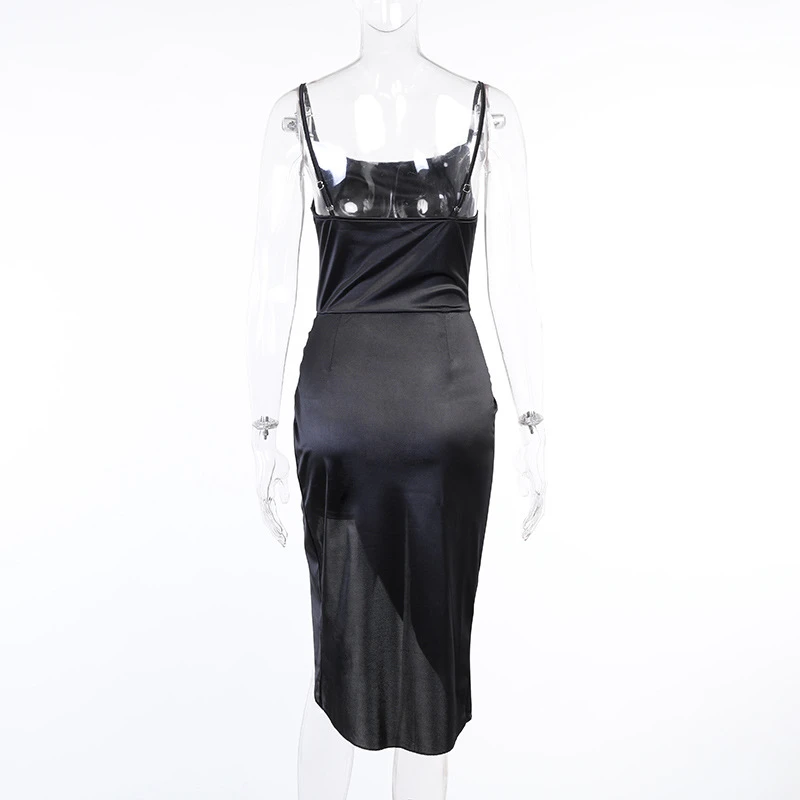 Wholesale Satin High Split Strap Dress Knee Length Women Sexy Bodycon Sleeveless Party Dress Outfits