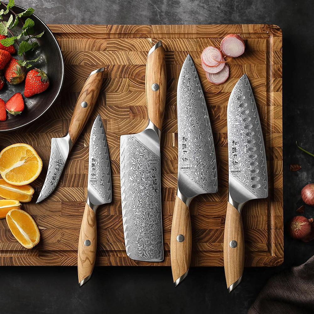 HEZHEN New Damascus Powder Steel Knives Set 5 PCS High end Kitchen Chef Knife Olive Wood Handle