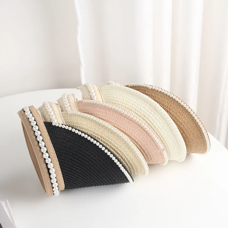 FF1465 Summer Women Straw Beach Hat Wide Brim Sun Visor Hat Ponytail Pearl Straw Visor Hat for Women
