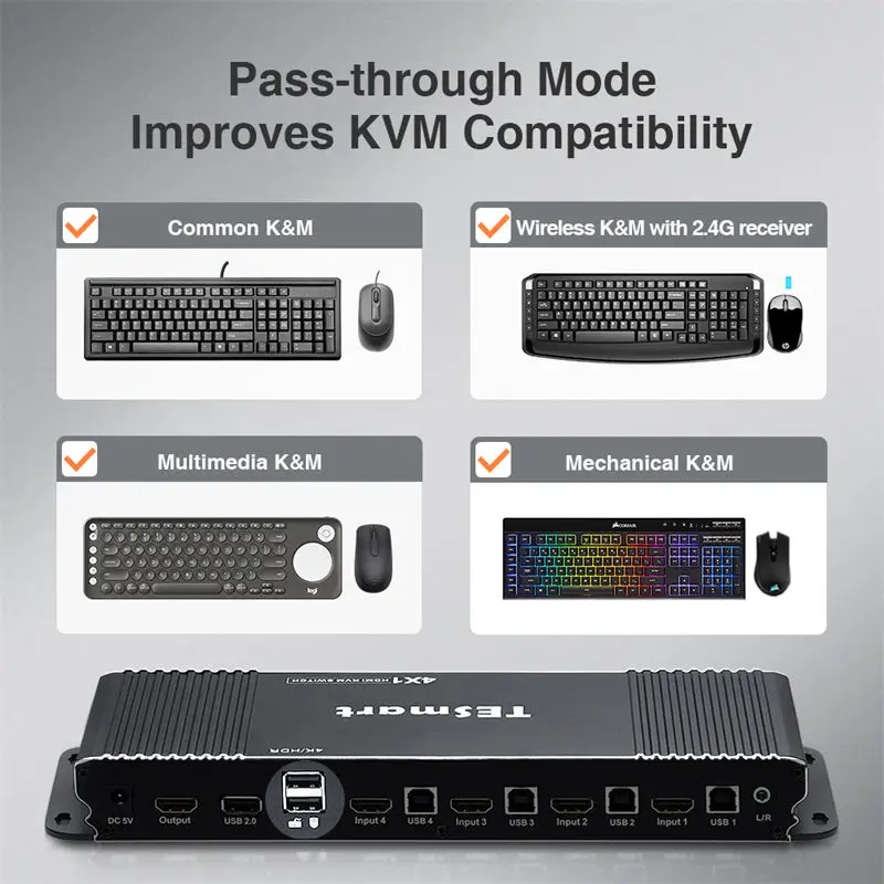 TESmart OEM ODM KVM Switcher hdmi usb 4k@60hz Support L/R Audio With EDID Emulator 1in 4 out 4 Port HDMI KVM Switch