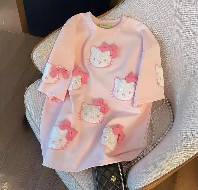 XUX Cartoon Kawaii Women Girl Short Sleeve T Shirt Pink O-neck Soft Cotton Top