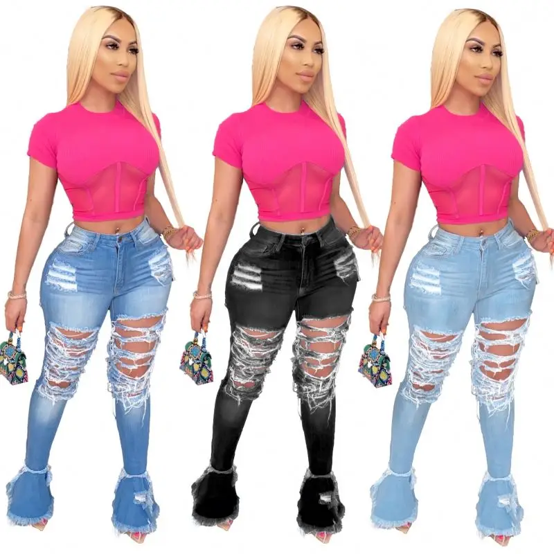 2022 New Design Wholesale Women Denim Stacked Jeans Casual Flare Jeans Xxl Pants